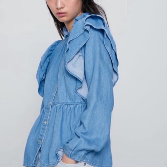 NEW Zara Ruffled Denim Top Size M - Picture 9 of 10